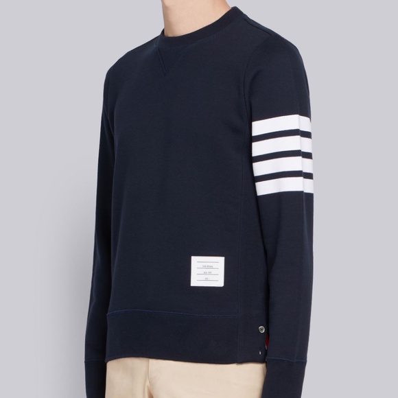 THOM BROWNE NAVY LOOPBACK JERSEY KNIT 4-BAR CREW NECK SWEATSHIRT